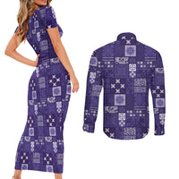 Vintage Hawaiian Quilting Patterns Couples Matching Short Sleeve Bodycon Dress and Long Sleeve Button Shirt Purple Style Tribal Fabric Patchwork - Polynesian Pride