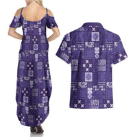 Vintage Hawaiian Quilting Patterns Couples Matching Summer Maxi Dress and Hawaiian Shirt Purple Style Tribal Fabric Patchwork - Polynesian Pride