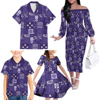 Vintage Hawaiian Quilting Patterns Family Matching Off The Shoulder Long Sleeve Dress and Hawaiian Shirt Purple Style Tribal Fabric Patchwork LT9 - Polynesian Pride