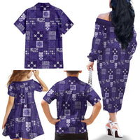 Vintage Hawaiian Quilting Patterns Family Matching Off The Shoulder Long Sleeve Dress and Hawaiian Shirt Purple Style Tribal Fabric Patchwork LT9 - Polynesian Pride