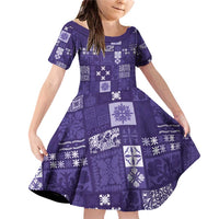 Vintage Hawaiian Quilting Patterns Family Matching Off Shoulder Short Dress and Hawaiian Shirt Purple Style Tribal Fabric Patchwork - Polynesian Pride