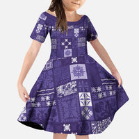 Vintage Hawaiian Quilting Patterns Family Matching Short Sleeve Bodycon Dress and Hawaiian Shirt Purple Style Tribal Fabric Patchwork LT9 Daughter's Dress Purple - Polynesian Pride