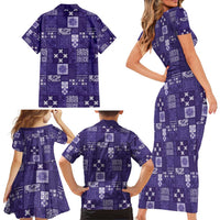 Vintage Hawaiian Quilting Patterns Family Matching Short Sleeve Bodycon Dress and Hawaiian Shirt Purple Style Tribal Fabric Patchwork LT9 - Polynesian Pride