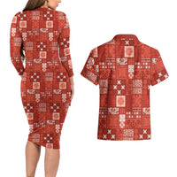 Vintage Hawaiian Quilting Patterns Couples Matching Long Sleeve Bodycon Dress and Hawaiian Shirt Red Style Tribal Fabric Patchwork - Polynesian Pride