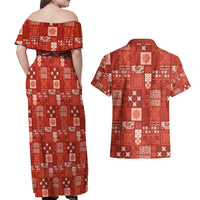 Vintage Hawaiian Quilting Patterns Couples Matching Off Shoulder Maxi Dress and Hawaiian Shirt Red Style Tribal Fabric Patchwork - Polynesian Pride