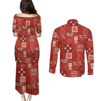 Vintage Hawaiian Quilting Patterns Couples Matching Puletasi and Long Sleeve Button Shirt Red Style Tribal Fabric Patchwork - Polynesian Pride