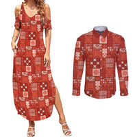 Vintage Hawaiian Quilting Patterns Couples Matching Summer Maxi Dress and Long Sleeve Button Shirt Red Style Tribal Fabric Patchwork - Polynesian Pride