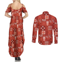 Vintage Hawaiian Quilting Patterns Couples Matching Summer Maxi Dress and Long Sleeve Button Shirt Red Style Tribal Fabric Patchwork - Polynesian Pride