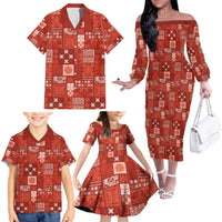 Vintage Hawaiian Quilting Patterns Family Matching Off The Shoulder Long Sleeve Dress and Hawaiian Shirt Red Style Tribal Fabric Patchwork LT9 - Polynesian Pride
