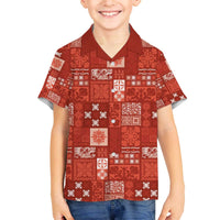 Vintage Hawaiian Quilting Patterns Family Matching Off The Shoulder Long Sleeve Dress and Hawaiian Shirt Red Style Tribal Fabric Patchwork - Polynesian Pride