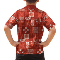 Vintage Hawaiian Quilting Patterns Family Matching Off Shoulder Maxi Dress and Hawaiian Shirt Red Style Tribal Fabric Patchwork - Polynesian Pride