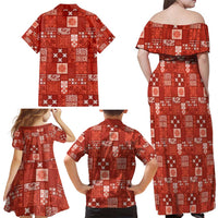 Vintage Hawaiian Quilting Patterns Family Matching Off Shoulder Maxi Dress and Hawaiian Shirt Red Style Tribal Fabric Patchwork - Polynesian Pride