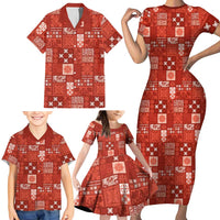 Vintage Hawaiian Quilting Patterns Family Matching Short Sleeve Bodycon Dress and Hawaiian Shirt Red Style Tribal Fabric Patchwork LT9 - Polynesian Pride