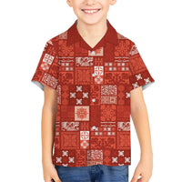Vintage Hawaiian Quilting Patterns Family Matching Short Sleeve Bodycon Dress and Hawaiian Shirt Red Style Tribal Fabric Patchwork LT9 Son's Shirt Red - Polynesian Pride