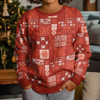 Vintage Hawaiian Quilting Patterns Kid Ugly Christmas Sweater Red Style Tribal Fabric Patchwork - Polynesian Pride