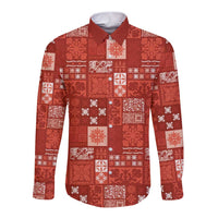 Vintage Hawaiian Quilting Patterns Long Sleeve Button Shirt Red Style Tribal Fabric Patchwork - Polynesian Pride