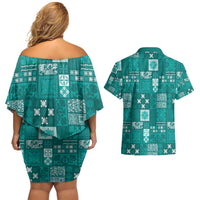 Vintage Hawaiian Quilting Patterns Couples Matching Off Shoulder Short Dress and Hawaiian Shirt Turquoise Style Tribal Fabric Patchwork - Polynesian Pride