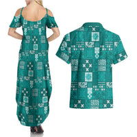Vintage Hawaiian Quilting Patterns Couples Matching Summer Maxi Dress and Hawaiian Shirt Turquoise Style Tribal Fabric Patchwork - Polynesian Pride