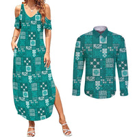 Vintage Hawaiian Quilting Patterns Couples Matching Summer Maxi Dress and Long Sleeve Button Shirt Turquoise Style Tribal Fabric Patchwork - Polynesian Pride