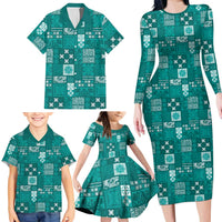 Vintage Hawaiian Quilting Patterns Family Matching Long Sleeve Bodycon Dress and Hawaiian Shirt Turquoise Style Tribal Fabric Patchwork LT9 - Polynesian Pride