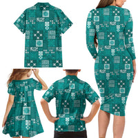 Vintage Hawaiian Quilting Patterns Family Matching Long Sleeve Bodycon Dress and Hawaiian Shirt Turquoise Style Tribal Fabric Patchwork - Polynesian Pride