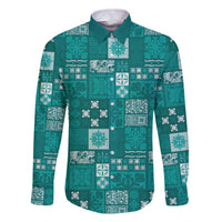 Vintage Hawaiian Quilting Patterns Family Matching Off The Shoulder Long Sleeve Dress and Hawaiian Shirt Turquoise Style Tribal Fabric Patchwork LT9 Dad's Shirt - Long Sleeve Turquoise - Polynesian Pride