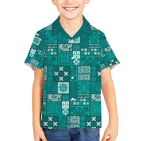 Vintage Hawaiian Quilting Patterns Family Matching Off The Shoulder Long Sleeve Dress and Hawaiian Shirt Turquoise Style Tribal Fabric Patchwork LT9 Son's Shirt Turquoise - Polynesian Pride