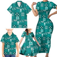 Vintage Hawaiian Quilting Patterns Family Matching Short Sleeve Bodycon Dress and Hawaiian Shirt Turquoise Style Tribal Fabric Patchwork LT9 - Polynesian Pride