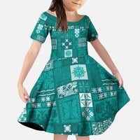 Vintage Hawaiian Quilting Patterns Kid Short Sleeve Dress Turquoise Style Tribal Fabric Patchwork - Polynesian Pride