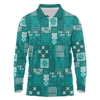 Vintage Hawaiian Quilting Patterns Long Sleeve Polo Shirt Turquoise Style Tribal Fabric Patchwork - Polynesian Pride