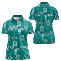 Vintage Hawaiian Quilting Patterns Women Polo Shirt Turquoise Style Tribal Fabric Patchwork - Polynesian Pride