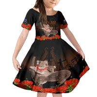 Koala and Kiwi Bird ANZAC Day Custom Family Matching Off Shoulder Long Sleeve Dress and Hawaiian Shirt Soldier Style LT9 Daughter's Dress Black - Polynesian Pride
