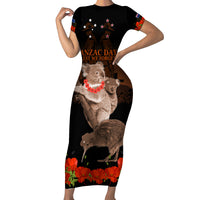 Koala and Kiwi Bird ANZAC Day Custom Family Matching Short Sleeve Bodycon Dress and Hawaiian Shirt Soldier Style LT9 Mom's Dress Black - Polynesian Pride