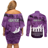 Anzac Day Gallipoli Personalised Couples Matching Off Shoulder Short Dress and Long Sleeve Button Shirt Purple Poppy Flowers LT9 - Polynesian Pride