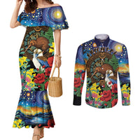 Kiwi-Kookaburra Bird ANZAC Personalised Couples Matching Mermaid Dress and Long Sleeve Button Shirt Aussie Golden Wattle Poppy Flowers