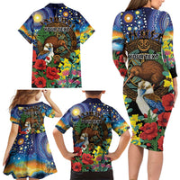 Kiwi-Kookaburra Bird ANZAC Personalised Family Matching Long Sleeve Bodycon Dress and Hawaiian Shirt Aussie Golden Wattle Poppy Flowers