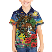 Kiwi-Kookaburra Bird ANZAC Personalised Family Matching Off The Shoulder Long Sleeve Dress and Hawaiian Shirt Aussie Golden Wattle Poppy Flowers