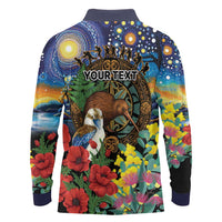 Kiwi-Kookaburra Bird ANZAC Personalised Long Sleeve Polo Shirt Aussie Golden Wattle Poppy Flowers