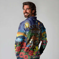 Kiwi-Kookaburra Bird ANZAC Personalised Long Sleeve Polo Shirt Aussie Golden Wattle Poppy Flowers