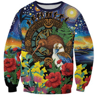 Kiwi-Kookaburra Bird ANZAC Personalised Sweatshirt Aussie Golden Wattle Poppy Flowers