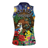 Kiwi-Kookaburra Bird ANZAC Personalised Women Sleeveless Polo Shirt Aussie Golden Wattle Poppy Flowers