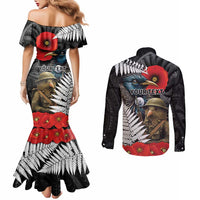 Kiwi-Tui Bird Soldier ANZAC Day Personalised Couples Matching Mermaid Dress and Long Sleeve Button Shirt Maori Silver Fern Motif