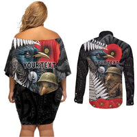 Kiwi-Tui Bird Soldier ANZAC Day Personalised Couples Matching Off Shoulder Short Dress and Long Sleeve Button Shirt Maori Silver Fern Motif