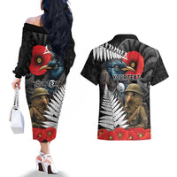 Kiwi-Tui Bird Soldier ANZAC Day Personalised Couples Matching Off The Shoulder Long Sleeve Dress and Hawaiian Shirt Maori Silver Fern Motif