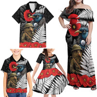 Kiwi-Tui Bird Soldier ANZAC Day Personalised Family Matching Off Shoulder Maxi Dress and Hawaiian Shirt Maori Silver Fern Motif