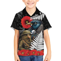 Kiwi-Tui Bird Soldier ANZAC Day Personalised Family Matching Short Sleeve Bodycon Dress and Hawaiian Shirt Maori Silver Fern Motif LT9 Son's Shirt Black - Polynesian Pride