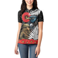 Kiwi-Tui Bird Soldier ANZAC Day Personalised Women Polo Shirt Maori Silver Fern Motif