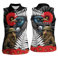 Kiwi-Tui Bird Soldier ANZAC Day Personalised Women Sleeveless Polo Shirt Maori Silver Fern Motif