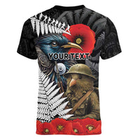 Kiwi-Tui Bird Soldier ANZAC Day Personalised Women V-Neck T-Shirt Maori Silver Fern Motif