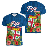 Polynesian Pride Fiji Women V Neck T Shirt Tropical Flowers and Tapa Pattern LT9 Female Blue - Polynesian Pride